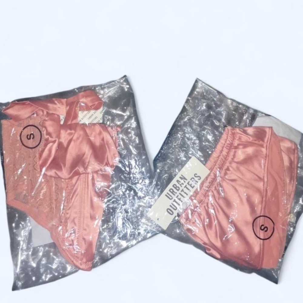 NWT Satin Lace-Trim Bustier & High-Waist Brief Set — Pink